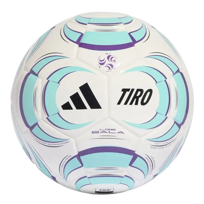 White soccer ball with blue and purple patterns and Adidas logo on a white background