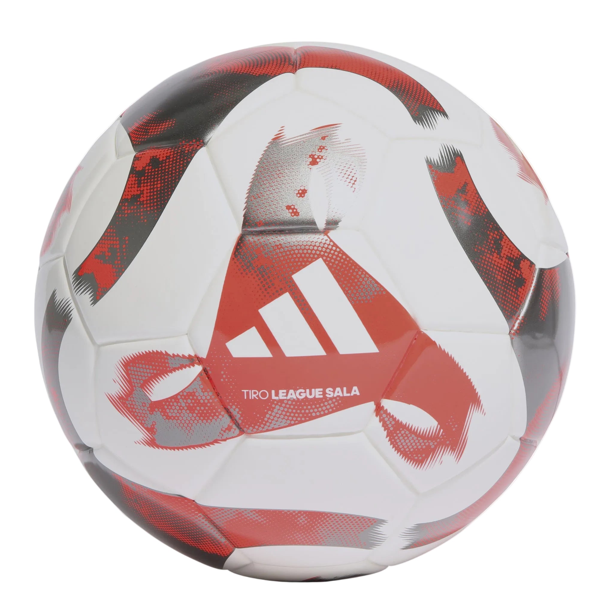 Red and white soccer ball with Adidas logo on a white background
