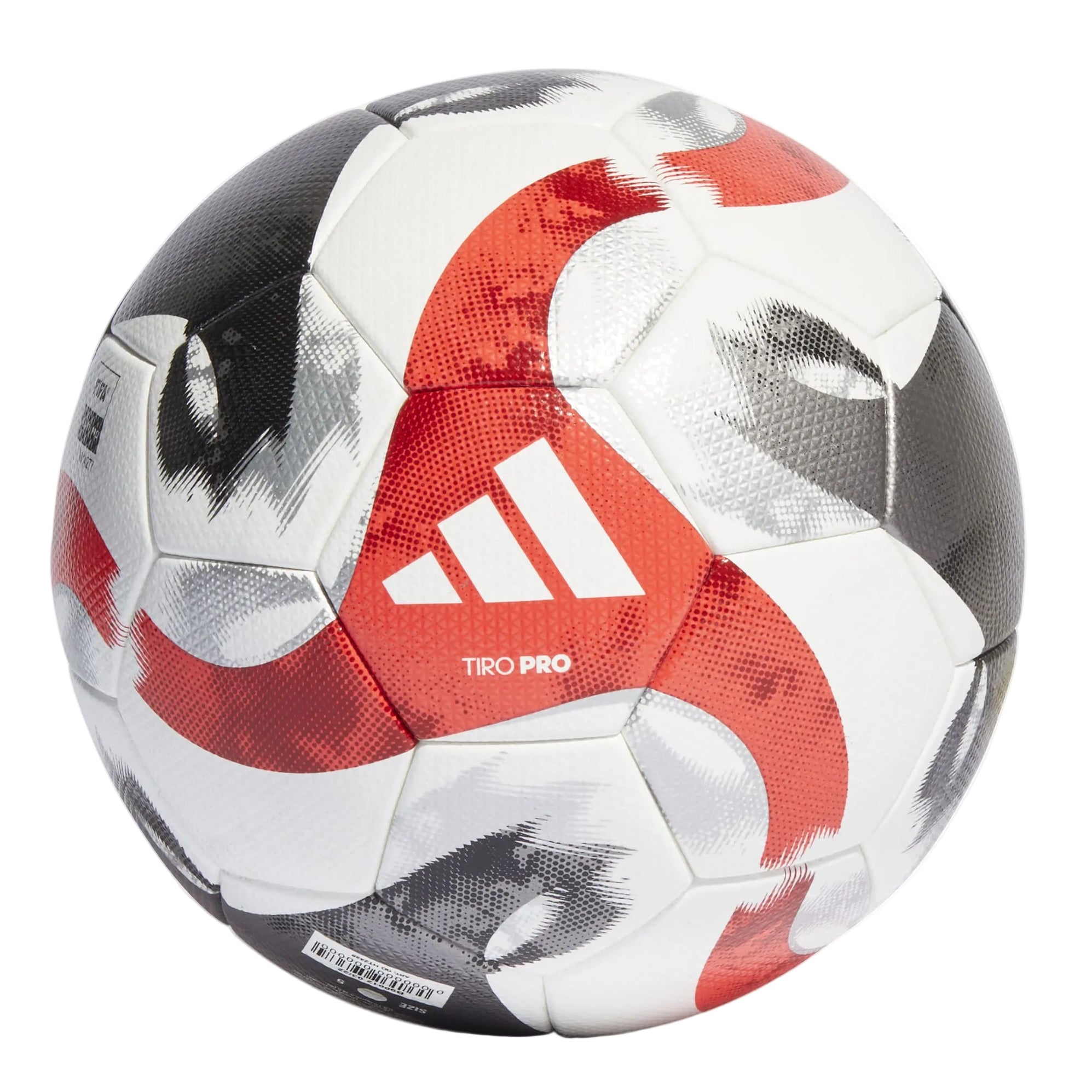 Soccer ball with red, white, and black pattern on a white background