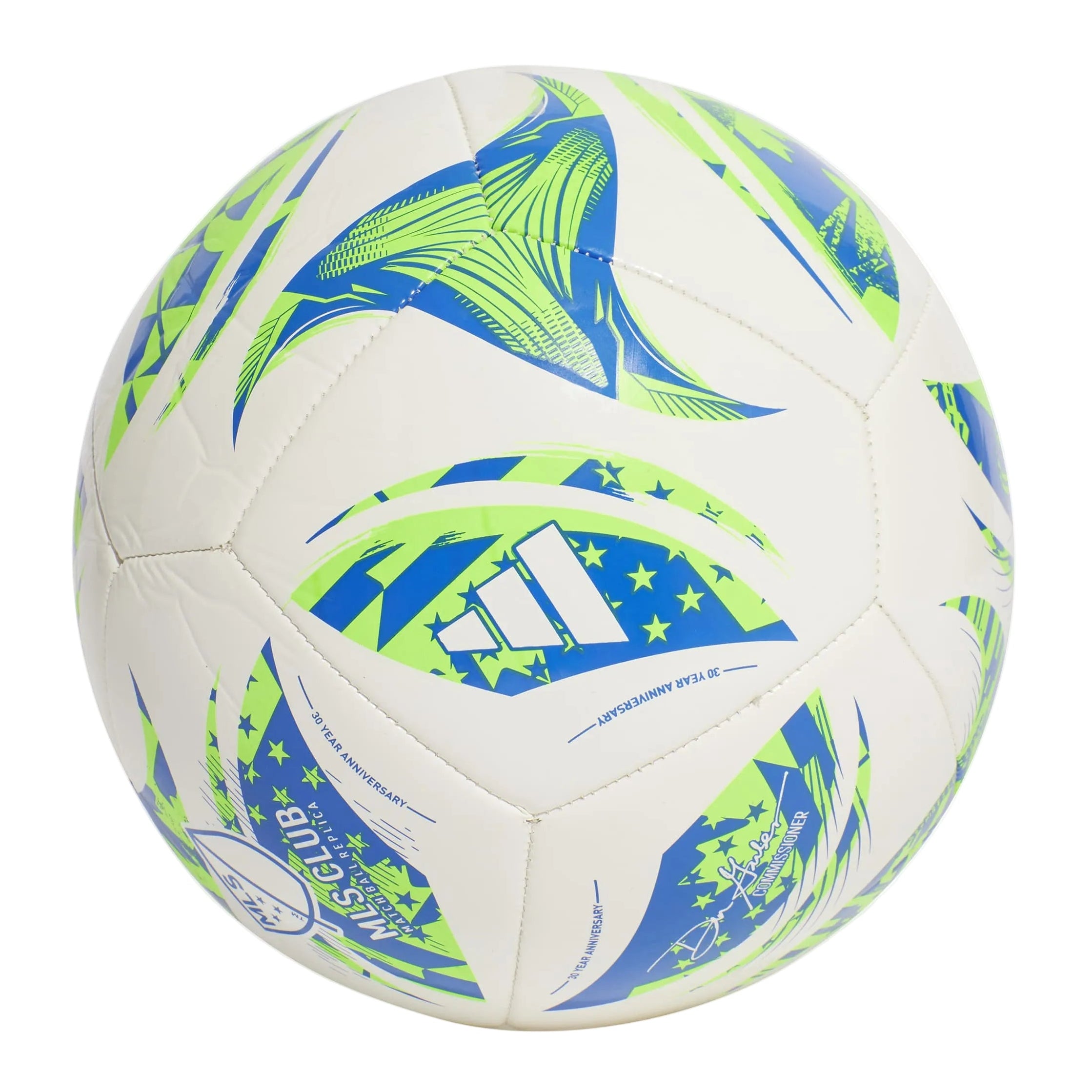 Colorful soccer ball with branding on a white background