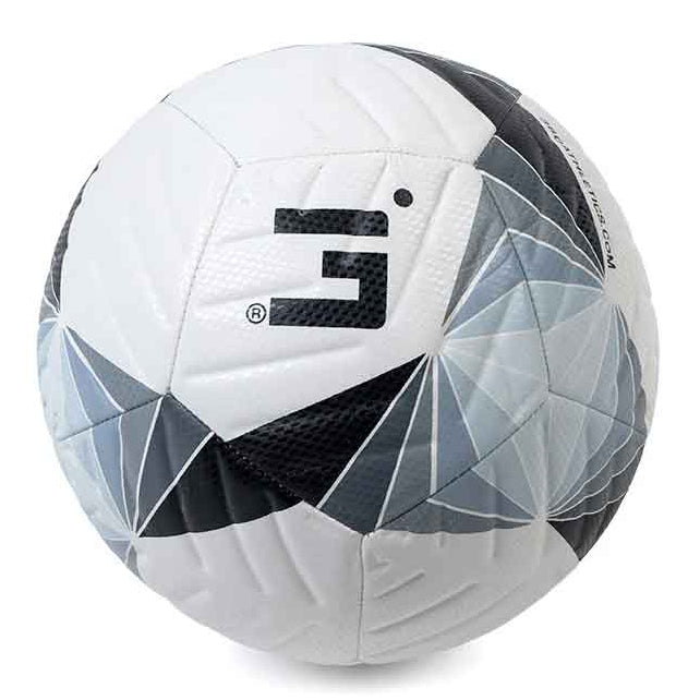 White and black soccer ball with geometric pattern on a white background